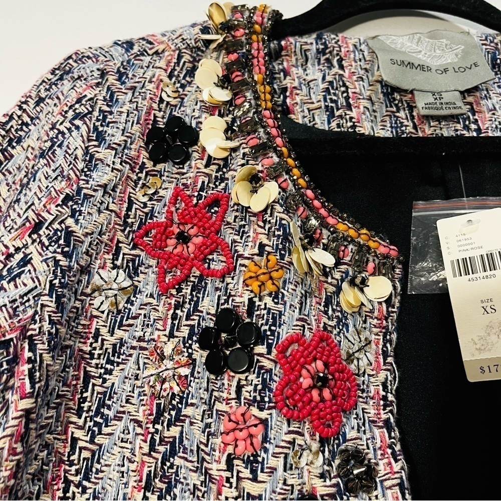 NEW Anthropologie Summer Love Suzy Embellished Beaded Pink Tweed Blazer Jacket - Picture 9 of 11